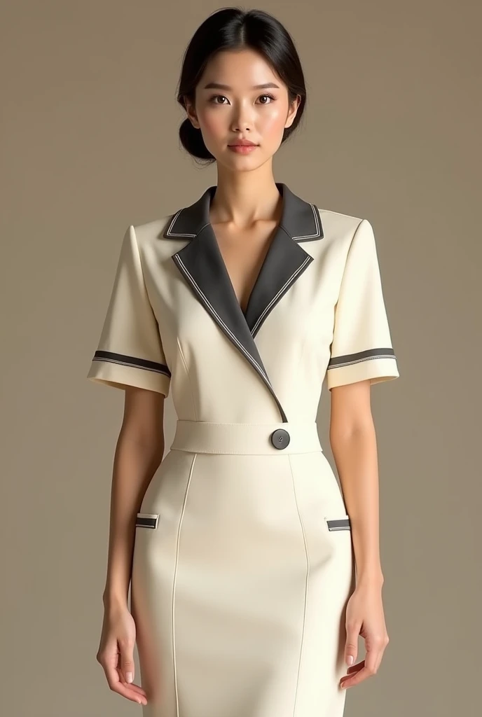 Women&#39;s short-sleeved flight attendant uniform with a V-neck and no collar in cream color with dark gray details and round elements. Luxurious, minimal, and a little bit fashionable in the Lanna style. The whole set is from the same collection in watercolor and wood colors.