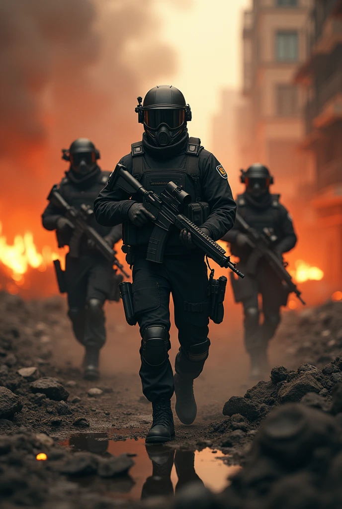 a group of 4 soldiers exiting a burning city, detailed swat uniforms black, uncovered face, smoke, flames, face zoom, focus on the face, rubble, apocalyptic, dystopian, dramatic lighting, gritty, cinematic, muted color palette, (best quality,4k,8k,highres,masterpiece:1.2),ultra-detailed,(realistic,photorealistic,photo-realistic:1.37)