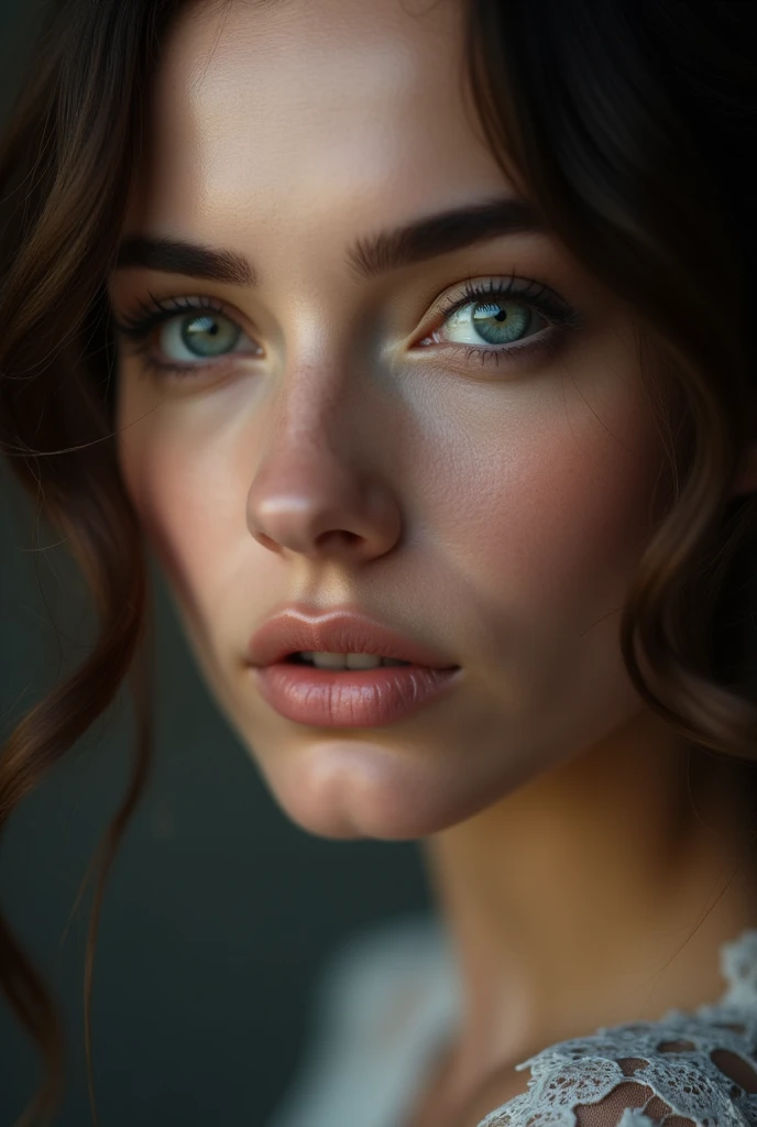 Close-up image of a woman's very blue eyes, with a softened look, gorgeous super feminine, Dark brown hair, dark background