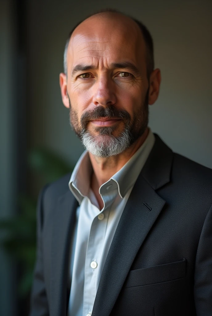 A middle-aged man with a bald top and some hair above and on the sides of his head. He has a well-groomed beard and mustache, a warm complexion, and is wearing a suit jacket over a light-colored shirt. His expression is calm and composed, and he appears to be standing in a professional environment.