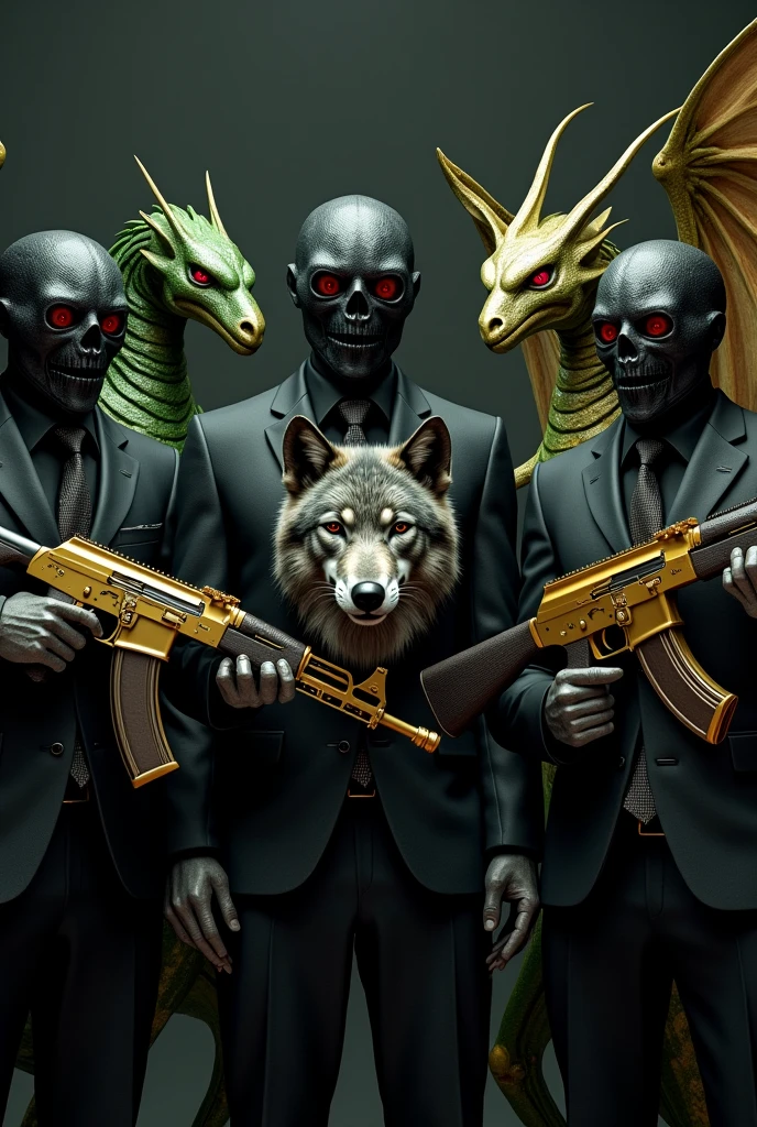 3 people with black suit , with super realistic masks , in the middle a gray wolf, On the right wing a green dragon with red eyes and an alien on the left,All 3 with golden AK-47s and black background