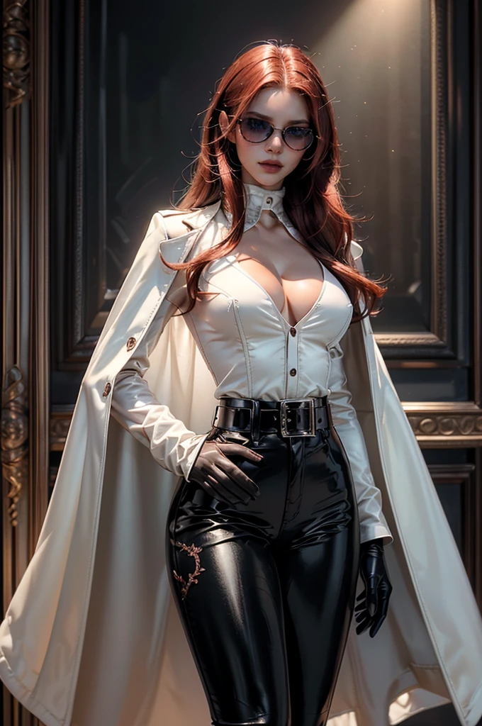 [cowboy shot], a beautiful young woman with long red hair, slim body, thin waist, narrow hips, detailed facial features, ((wearing high quality high waist black leather pants)), ((a formal white colored silk shirt with cleavage and long sleeves)), ((a white fur coat on shoulders)), ((red lining)), ((double luxury waist belt)), ((slightly red tinted glasses)), ((black latex gloves)), ((expensive reflective silk scarf)), holding a handbag, hand on waist, (best quality,4k,8k,highres,masterpiece:1.2),ultra-detailed,(realistic,photorealistic,photo-realistic:1.37),high fashion,editorial,dramatic lighting,cinematic,vivid colors,intricate details, glamorous