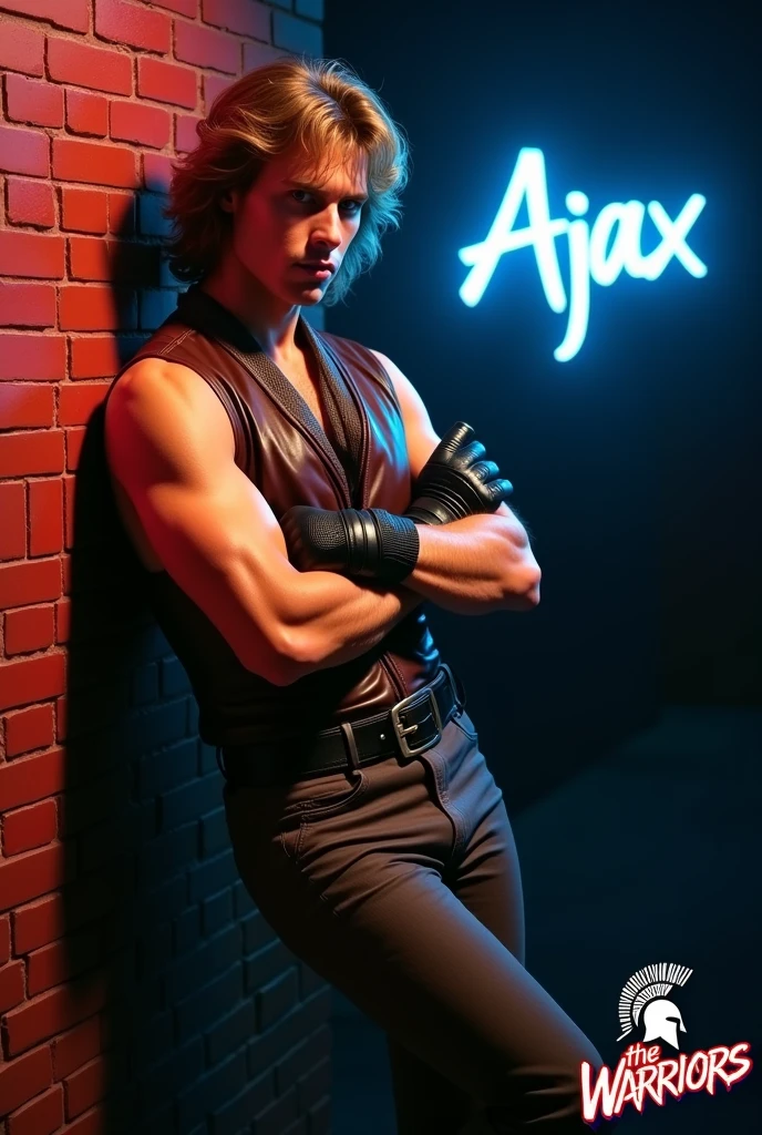 film The Warriors 1979 Stylized poster featuring a man (James Remar) leaning against a red brick wall. The man has white skin, shoulder-length hair and a dark gigachad face with a serious expression. He is wearing a sleeveless brown leather vest, classic retro black genuine leather gloves, middle finger gloves, a black belt with a large buckle and dark pants. His arms are crossed with his foot resting on the wall. The background is a dark blue to black gradient, transitioning into the red brick wall. The word 'AJAX' is displayed in bright blue neon letters in the top right corner. In the bottom right corner, there is a two Spartan helmet logo with the text 'The Warriors' in graffiti style font.