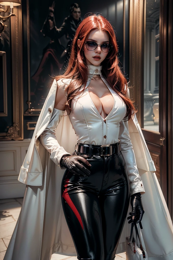 [cowboy shot], a beautiful young woman with long red hair, slim body, thin waist, narrow hips, detailed facial features, ((wearing high quality high waist black leather pants)), ((a formal white colored silk shirt with cleavage and long sleeves)), ((a white fur coat on shoulders)), ((red lining)), ((double luxury waist belt)), ((slightly red tinted glasses)), ((black latex gloves)), ((expensive reflective silk scarf)), holding a handbag, hand on waist, (best quality,4k,8k,highres,masterpiece:1.2),ultra-detailed,(realistic,photorealistic,photo-realistic:1.37),high fashion,editorial,dramatic lighting,cinematic,vivid colors,intricate details, glamorous