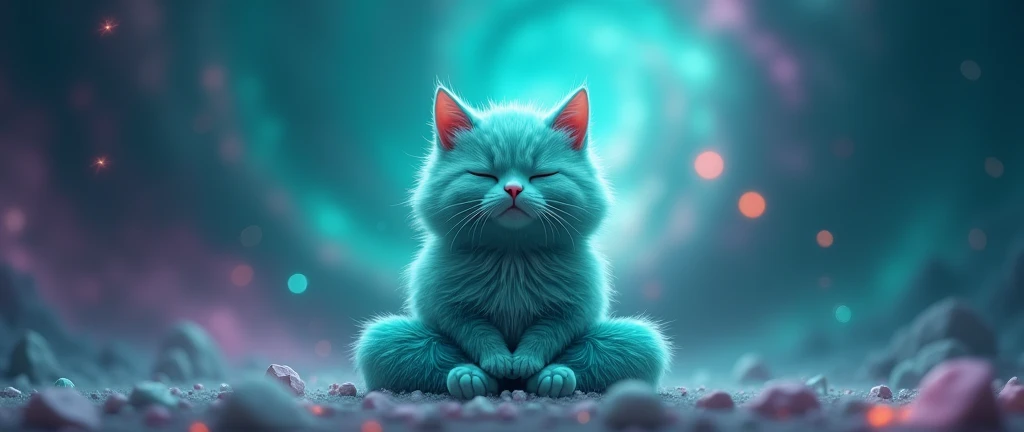 Create a super realistic cat, turquoise, fluffly, with eyes closed, he is meditating, is calm and happy, he is sitting in the lotus position, patinhas perfeitas o fundo é de galaxia turquoise com roxo