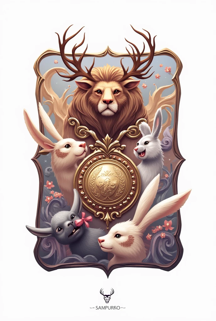 playing card in dixit style, big medal, Gold, silver, bronze, with animal heads inside