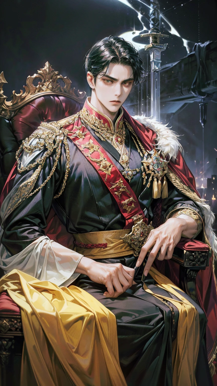 {(best quality, 8k, masterpiece, HDR, soft lighting, perfect image, digital illustration, manhwa art, hyper detailed image, perfect lines, realistic)} 1 very handsome man, long black hair, yellow eyes, black king clothing with red cape, intimidating, sword on hip, (imposing posture, cold expression), {(throne background)}