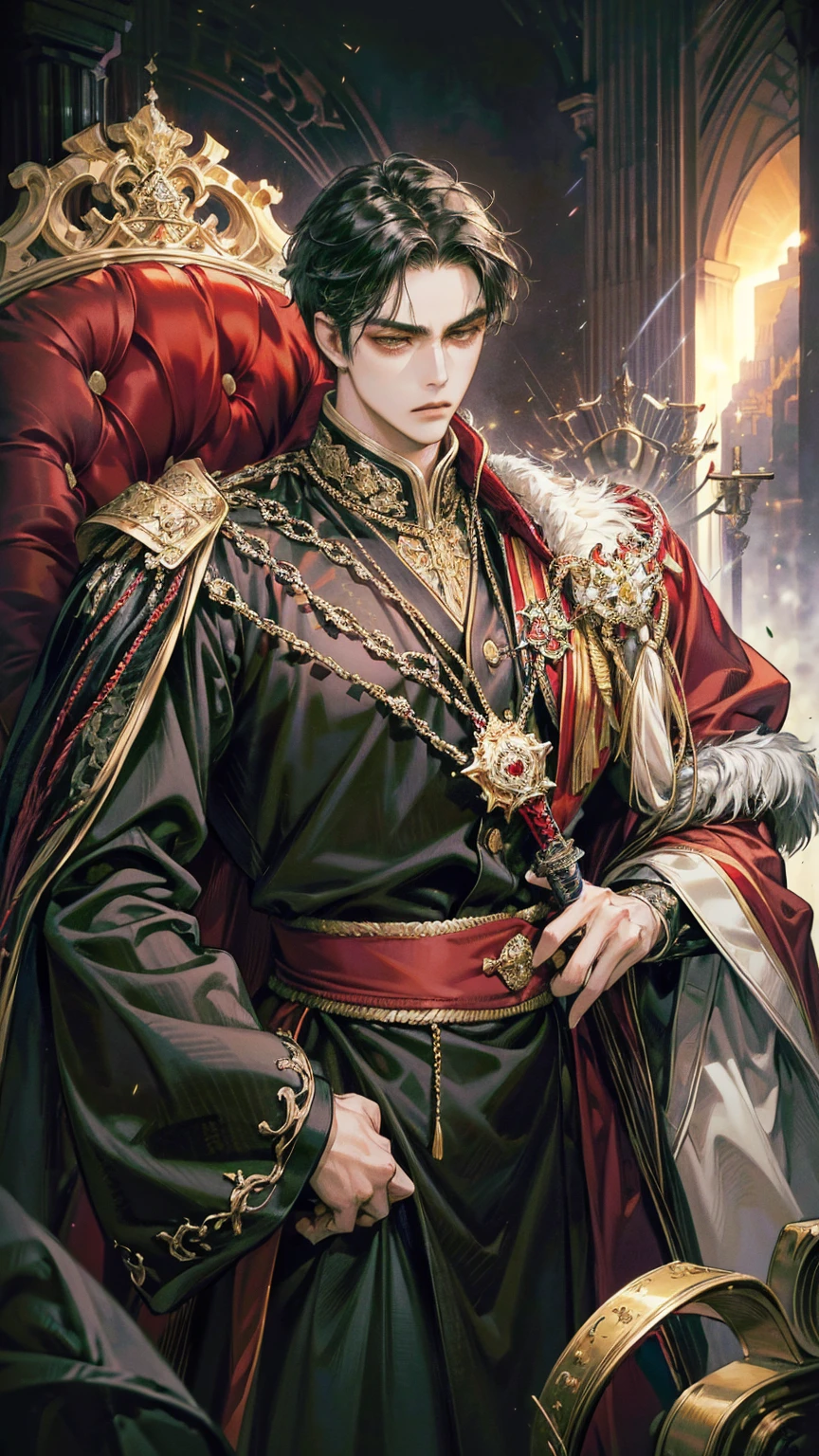 {(best quality, 8k, masterpiece, HDR, soft lighting, perfect image, digital illustration, manhwa art, hyper detailed image, perfect lines, realistic)} 1 very handsome man, long black hair, yellow eyes, black king clothing with red cape, intimidating, sword on hip, (imposing posture, cold expression), {(throne background)}