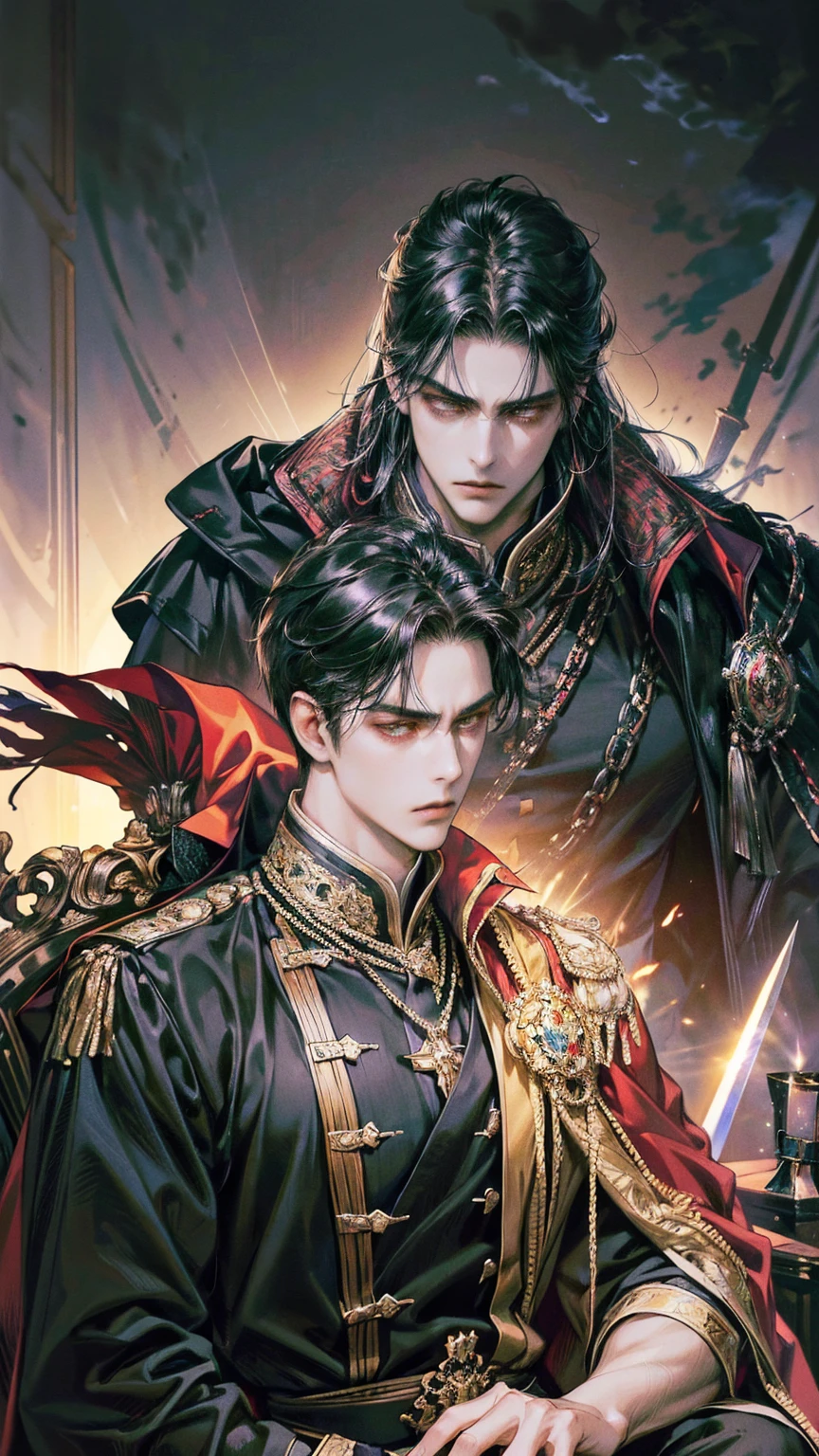{(best quality, 8k, masterpiece, HDR, soft lighting, perfect image, digital illustration, manhwa art, hyper detailed image, perfect lines, realistic)} 1 very handsome man, long black hair, yellow eyes, black king clothing with red cape, intimidating, sword on hip, (imposing posture, cold expression), {(throne background)}