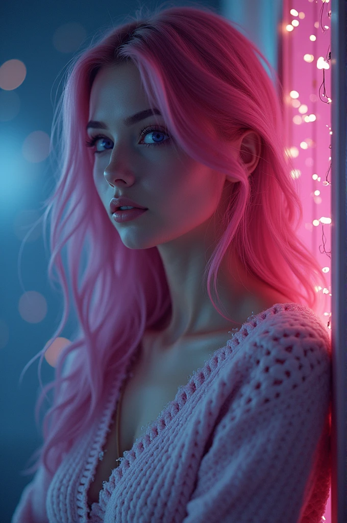 With pink hair and purple eyes,beautiful as a fairy,A melancholy expression that stirs affection,side face,floating hair,light particles,glare,vivid,fancy,dreamlike,a dim atomshpere,college-aged,medium-sized cleavage covered by sweater
