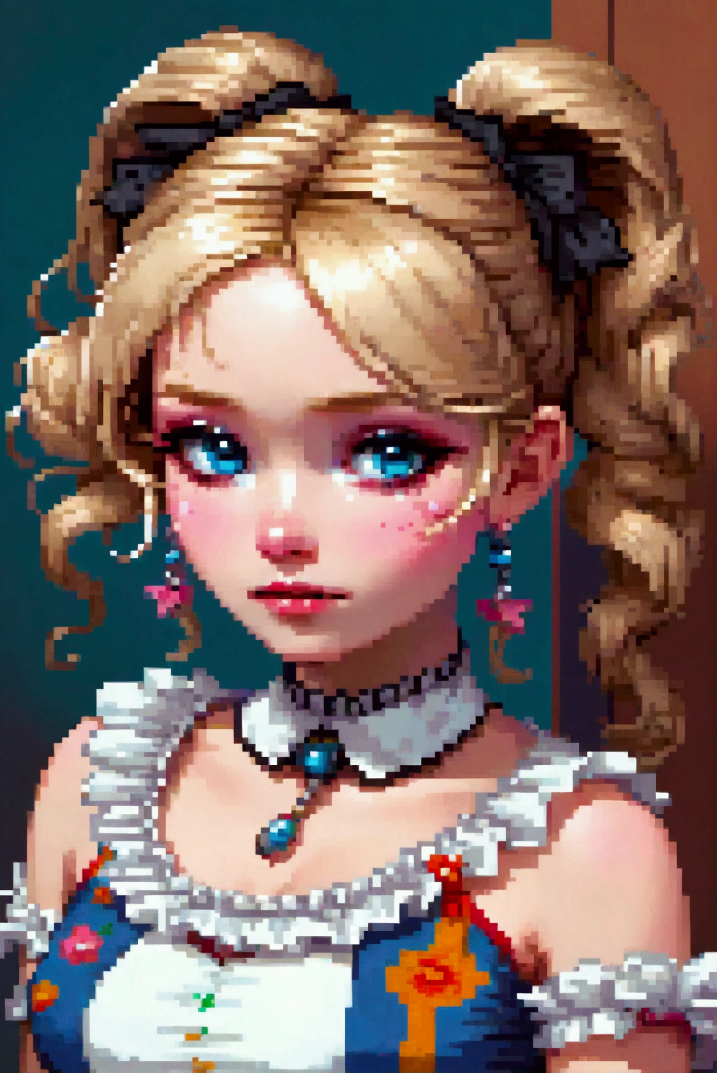 a beautiful detailed white-skinned girl with blonde hair in pigtails,maternal and sexy expression,coquette,wearing a pink and light blue outfit,large breasts,(best quality,4k,8k,highres,masterpiece:1.2),ultra-detailed,(realistic,photorealistic,photo-realistic:1.37),pixelart,VHS video game style,NSFW,big tits