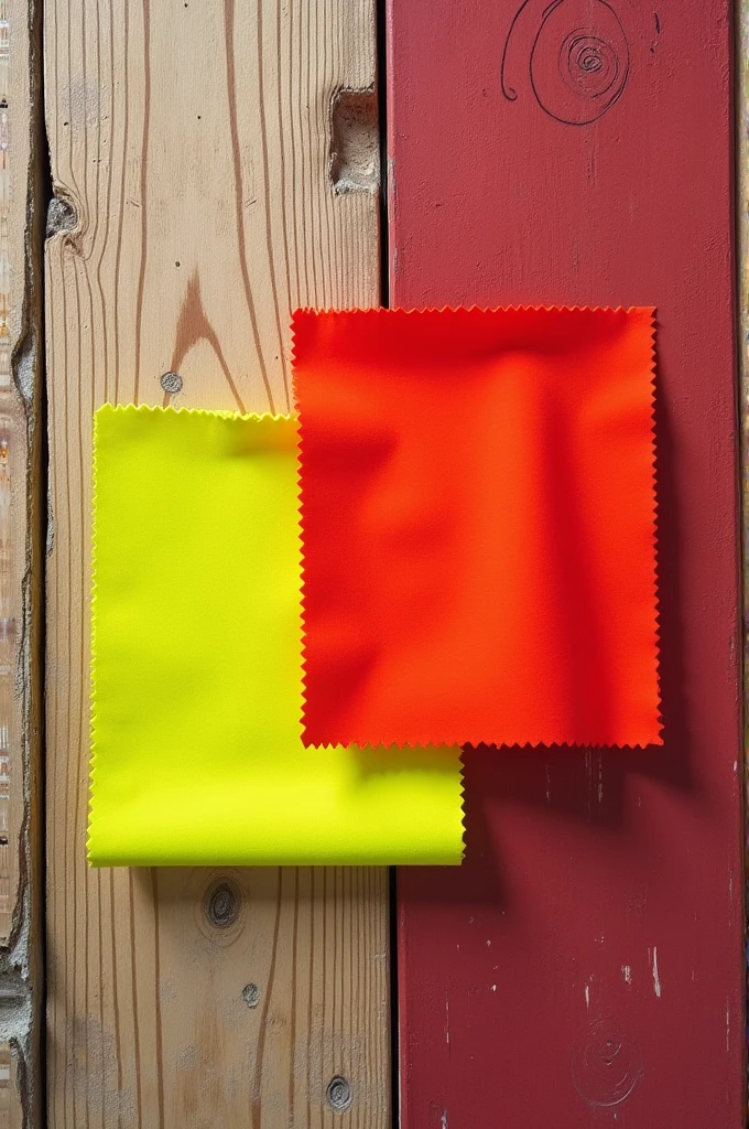 Small square piece of fluorescent yellow cloth and small square piece of red cloth, all of this on top of a deteriorated wooden table 