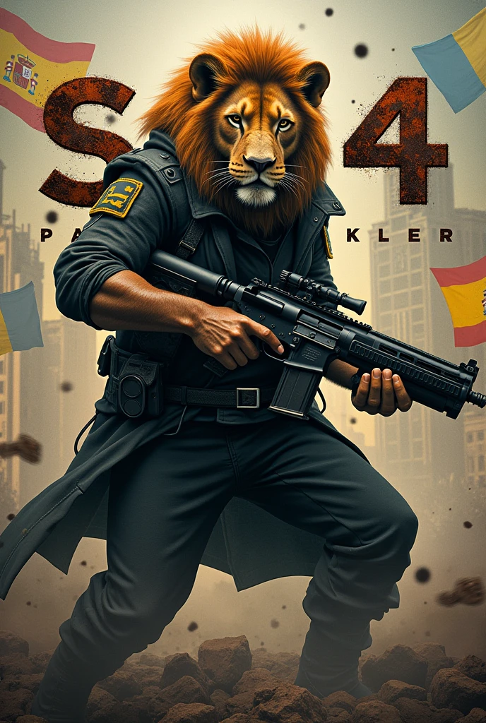 The letters "S34 PACOKILLER" in rusty iron and bullet holes behind a lion dressed as a cyberpunk style assassin with a gun and with a war background and the flags of Spain and France together and the image must be completely square.
