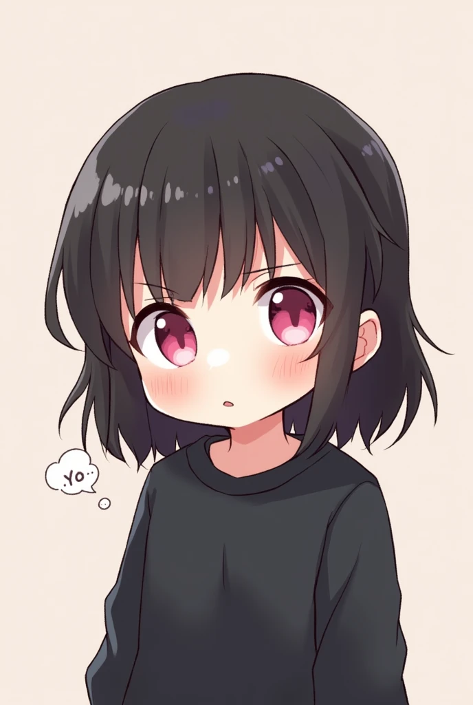 medium black hair girl with bangs, pink eyes and black sweatshirt, chibi style, confused