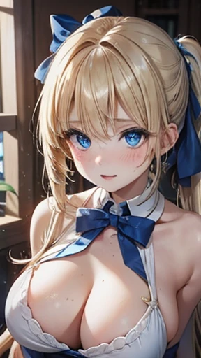 Blonde,Long ponytail,Very curled hair,Blue ribbon,Bright blue eyes,freckles,Big Breasts,ager,