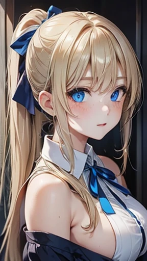 Blonde,Long ponytail,Very curled hair,Blue ribbon,Bright blue eyes,freckles,Big Breasts,teenager,
