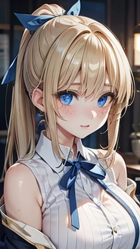 Blonde,Long ponytail,Very curled hair,Blue ribbon,Bright blue eyes,freckles,Big Breasts,teenager,