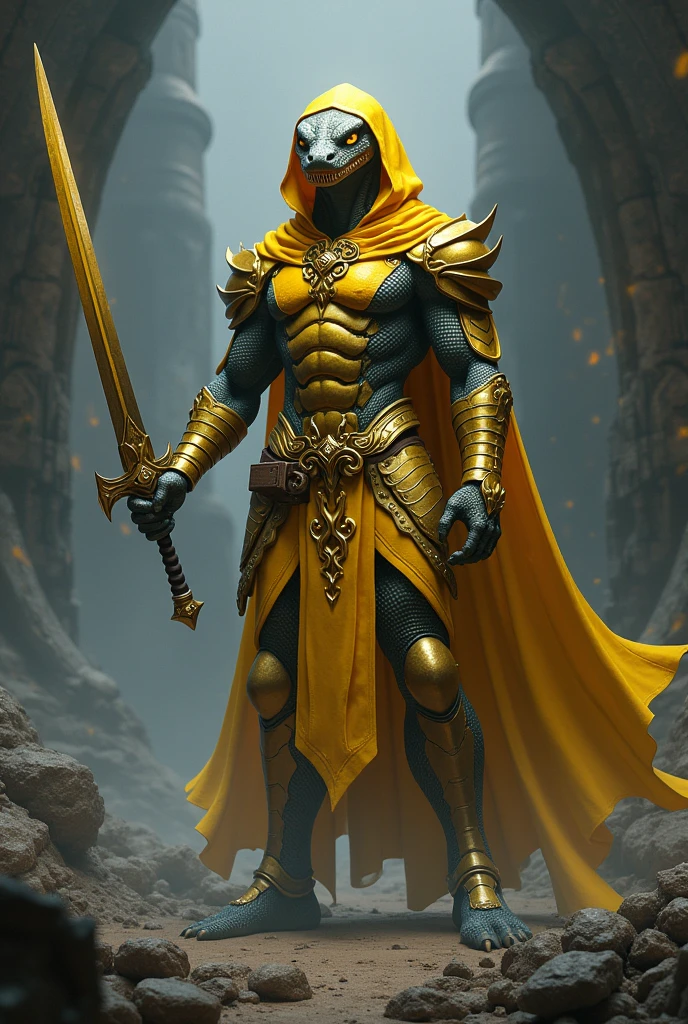 snake man paladin with two swords yellow eyes sharp teeth yellow armor
