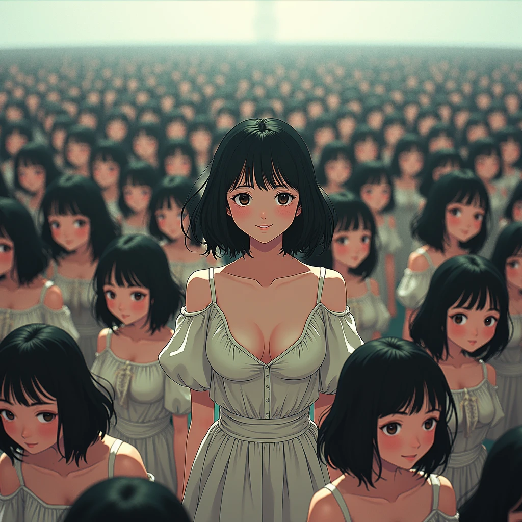 (((((Japanese Clone girls=Myself)))))), (((Best Super High quality Myself Clone girls Raw Photography Art))), (16K, Highest quality, Ultra-high resolution, RAW Photos), (((It&#39;s so unrealistic., With unparalleled depiction, With an unfathomable sight, An unprecedented and shocking worldview, Clone girls in a world of mass reproduction, Ultra-realistic))), (((Japanese, woman, 20yo, Saito-Asuka))), (Small face, ((Thick black hair, Semi-long hair))), ((V-neck short-sleeve dress)), (((((Very detailed美しい女体, Accurate body structure, Very detailed完璧な, Super busty body with very large breasts, Clearly emphasizes cleavage))))), (((Dark Eyes, Mature face, Cute Smile, A gentle gaze))), (((Her happy and smiling expression is so cute))), ((((((((Very detailed分身増殖描写, ((1girl→Myself cloning→1,000,000,000,000,000,000,000,000,000,000,000,000,000,000,000,000,000,000,000,000Myself Clone girls)))))))))), ((((((((Very detailed, The precise depiction of the proliferation of Myself Clone girls, ((With the perfectly identical bodies of Myself clone girls, With the exact same face as the Myself clone girls, With the exact same hairstyle as the Myself clone girls, In the exact same clothes as the girls who are my clones, Perfectly the same height as the Myself clone girls, Super big breasts, just like the Myself clone girls)))))))))), (((Myself clone girls only))), (((Multiple pairs, Very detailed depiction, (Myself clone girls hug each other, Myself clone girls assemble, Fun conversations with fellow Myself clone girls, A fun conversation between Myself clone girls, Myself clone girls holding hands, Walking with lots of Myself clone girls)))), (((Everyone looks at the camera))), (((Unbelievably crowded, Transcendent Myself clone girls intimately, Countless Myself clone girls surround you in 360 degrees))), (Bright, soft sunlight), (((Very wide field of view, Very detailed, Detailed ultra-perspective depiction with clear depth, super wide top view))), (((((Where there is a curved slope))))), (((Very photographic and detailed depiction, Myself clone girls will multiply infinitely and fill the surroundings from one side to the horizon with their bodies tightly packed together without any gaps., A scene of endless Myself clone girls and a fun atmosphere))), (Focus on the average value of the image)