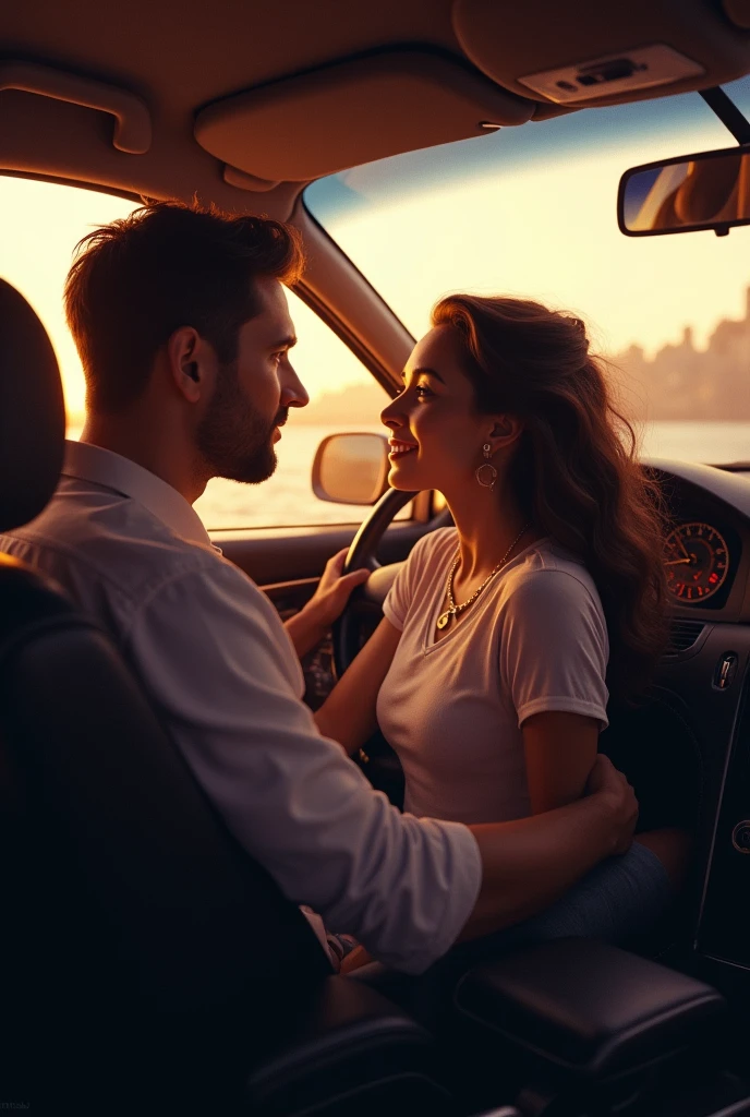 make a picture of a couple in the car, with a view of the windshield towards the inside, the man at the wheel and the woman on the passenger side