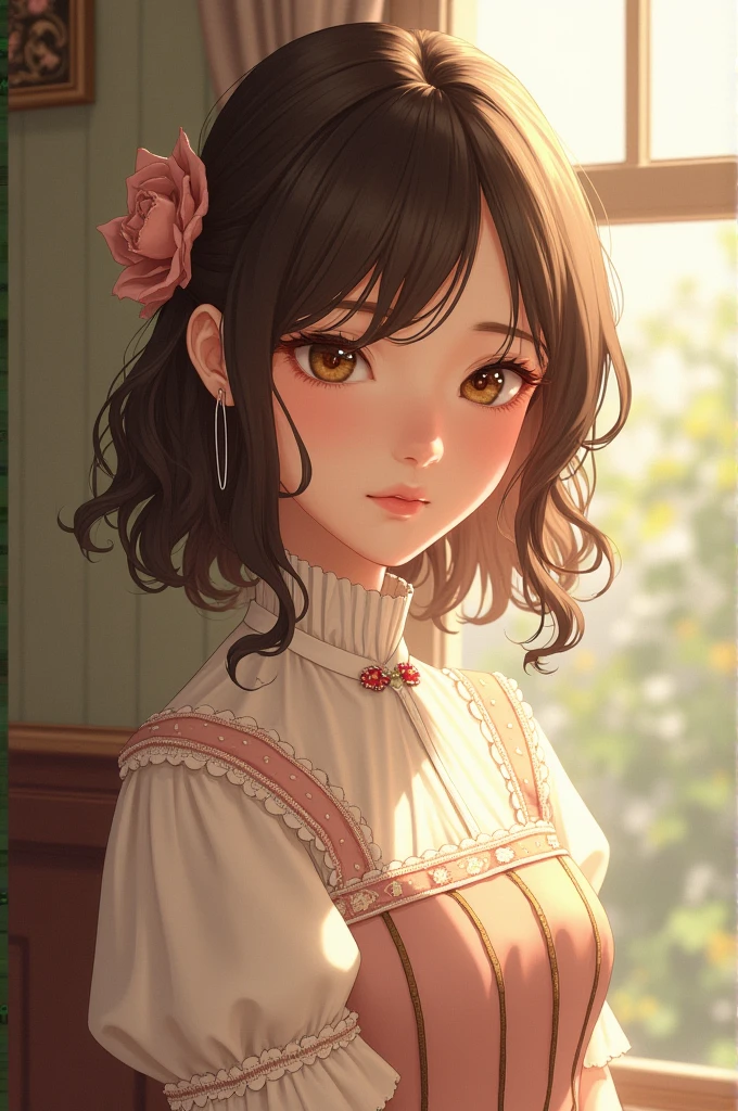 Young girl with medium-long brown hair and brown eyes, With elegant clothes