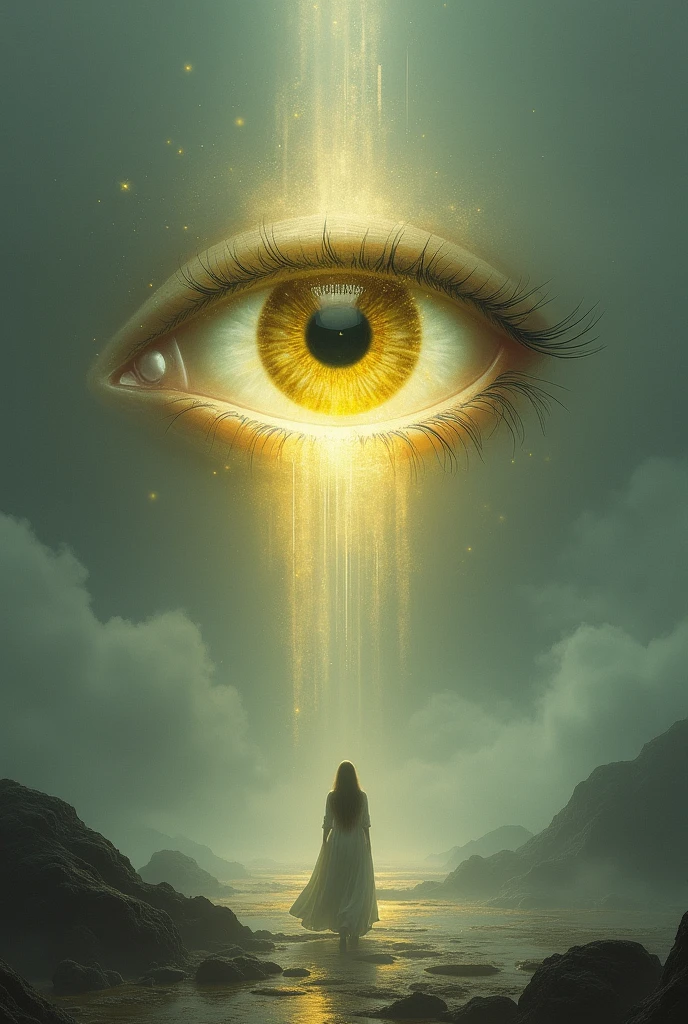 third eye opening. grayish green background and eye with yellow outlines.