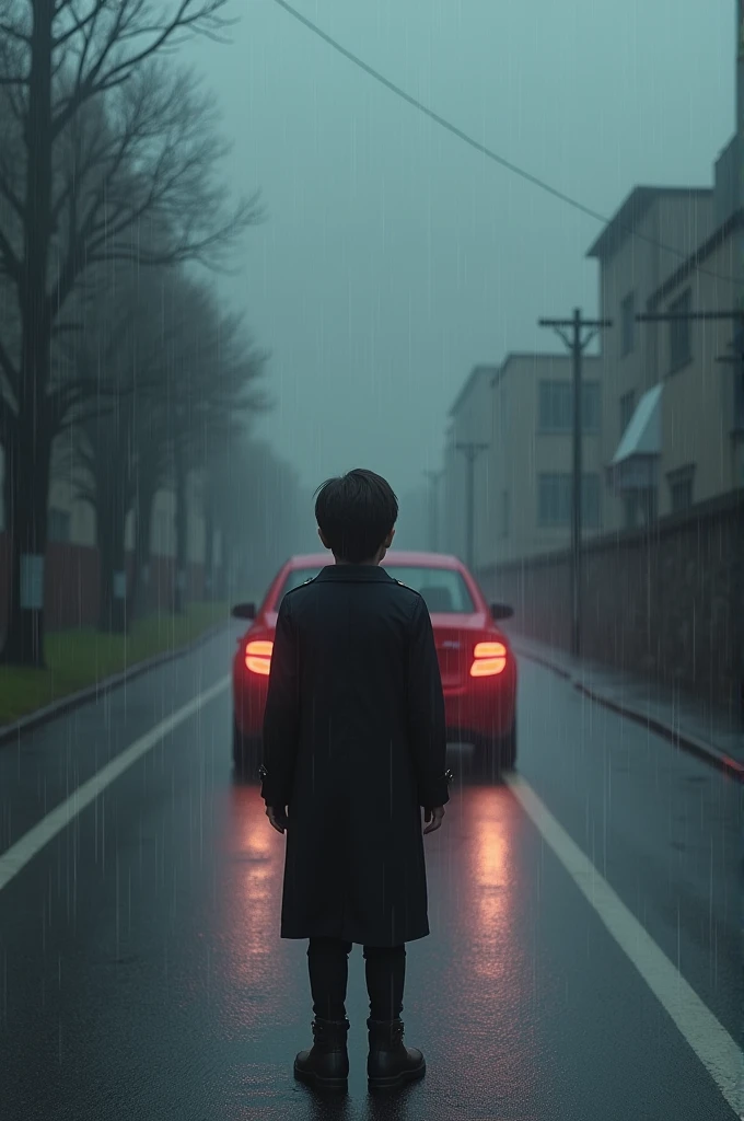 1 boy standing on the road wearing a black coat It's raining raid the back side Red car