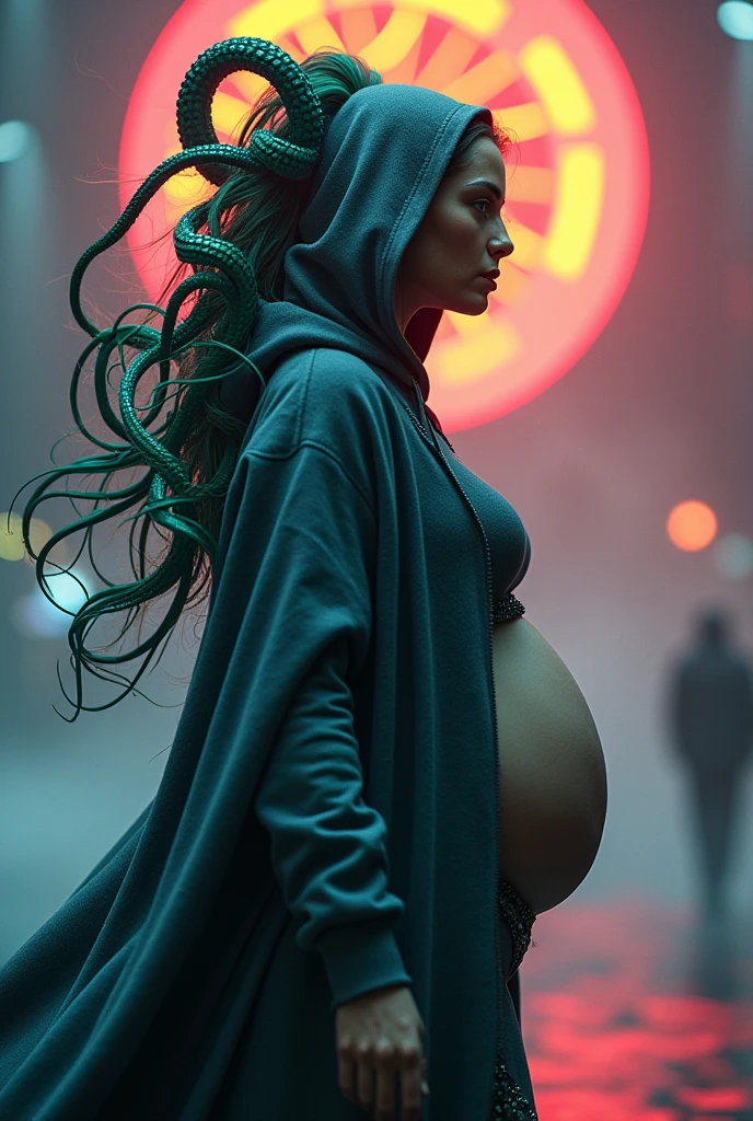 (masterpiece), (4k), (fujiflm), (16k), (CanonCamera) , Visually captivating artwork, with skillful use of color, composition, and light. Innovative artwork, showcasing unique and imaginative concepts, ((Colourful Elements)) , (C-Cup Breast Medusa Fully Naked) hyper-detailed photo realistic , detailed , (wearing long dark grey hoodie) , Emotionally resonant artwork, effectively conveying a narrative, Momentum-aligned artwork, ((distance Shot)) , reflecting a sense of movement and progress. Skillfully crafted artwork, demonstrating meticulous detail and technique. 