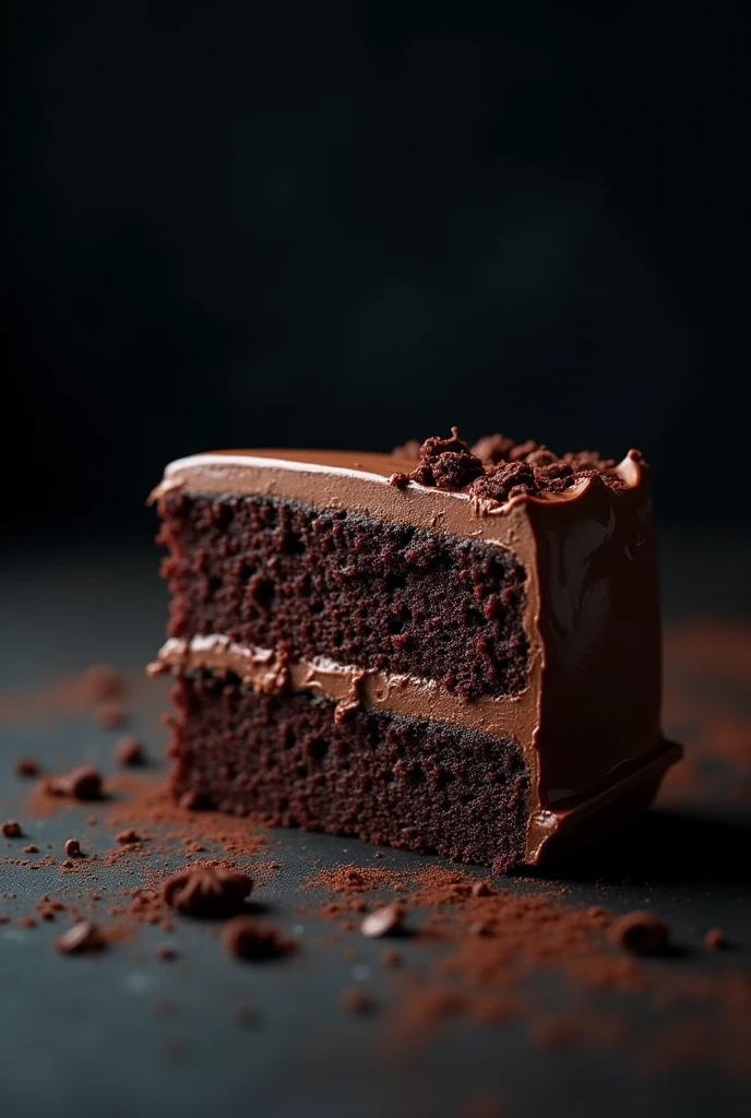 cinematic film still chocolate, chocolate cake, dark background, quality photo, moist texture, frosting, studio photo, slice . shallow depth of field, vignette, highly detailed, high budget, bokeh, cinemascope, moody, epic, gorgeous, film grain, grainy