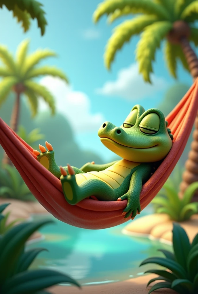alligator sleeping in the hammock, cartoon image, sleeping, 3D