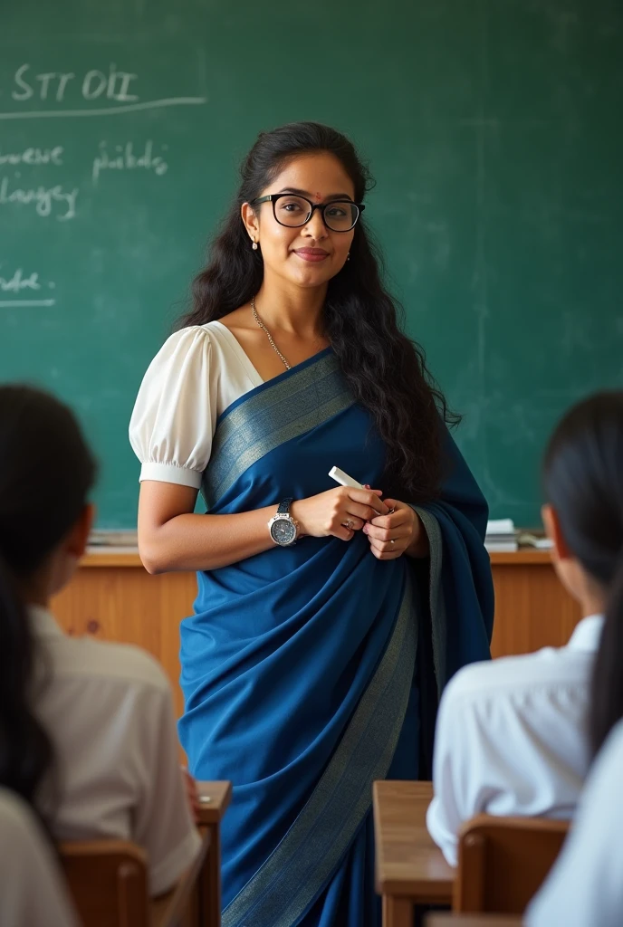 beautiful woman having sharp lifted eyebrows and mole on right cheek and dimple on left cheek, standing before green board, having chalk piece in hand and teaching in classroom for 50 students, long tied curly hair, wearing thin framed spectacles, wearing a beautiful shoulder pinned pleated blue saree with puffed blouse and wearing watch in right hand, looking cute and elegant, bright classroom