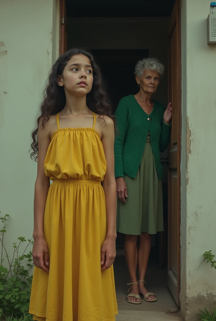 A girl wearing yellow sleeveless frock standing outside a house being ignored by a lady wearing green knitted cardigan standing inside the house with little opened door