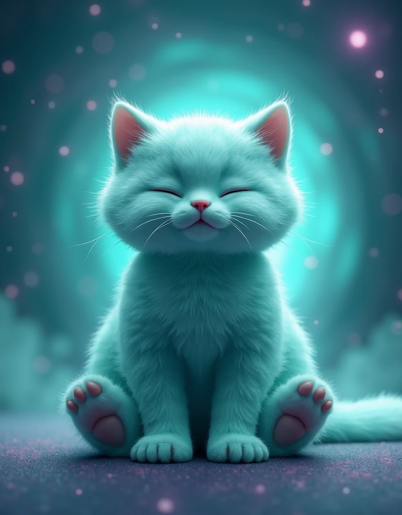 Create a super realistic cat, turquoise, fluffly, with eyes closed, he is meditating, is calm and happy, he is sitting in the lotus position, patinhas perfeitas o fundo é de galaxia turquoise com roxo