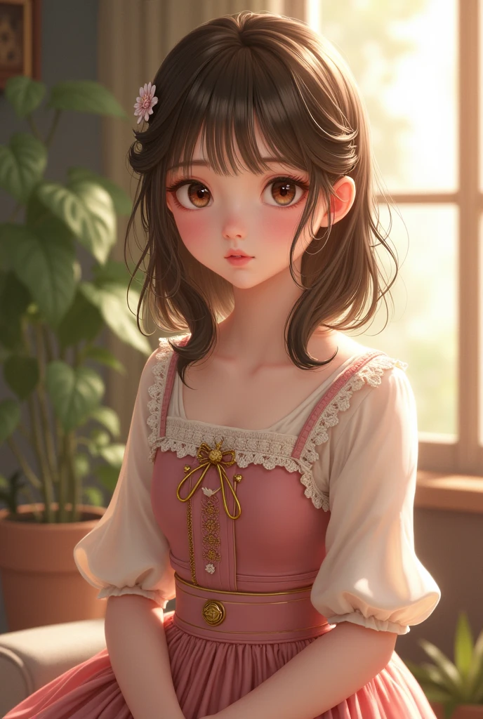 Young girl with medium-long brown hair and brown eyes, With elegant clothes 