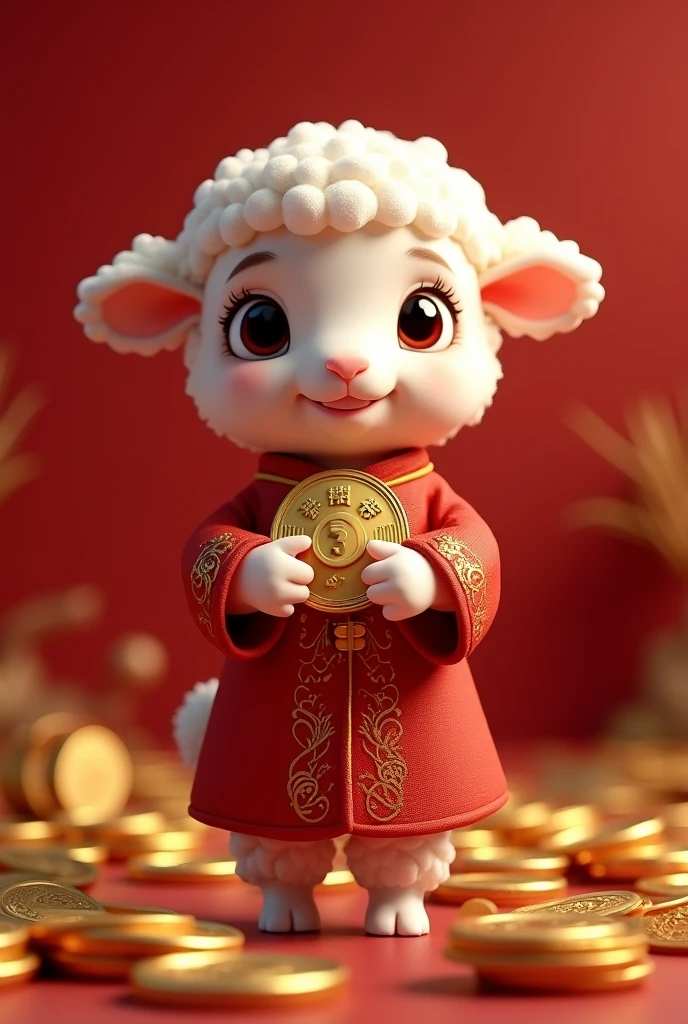 Little cute little lamb，Wearing elegant red Hanfu，Take the gold ingot，The ground is covered with gold coins，silk，Fluffy mane，big eyes，Red Wall，Chinese Culture，ZBrush，Dramatic Lighting，Full body portrait，realism，Fine details，Photorealism，Film lighting，Intricate details，Octane Rendering，Unreal Engine，8K——ar9：16 --testp --upbeta
