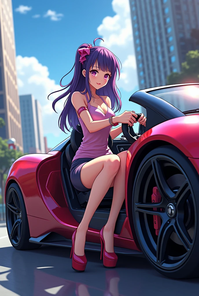 Anime girl driving car with high heels pedal pump