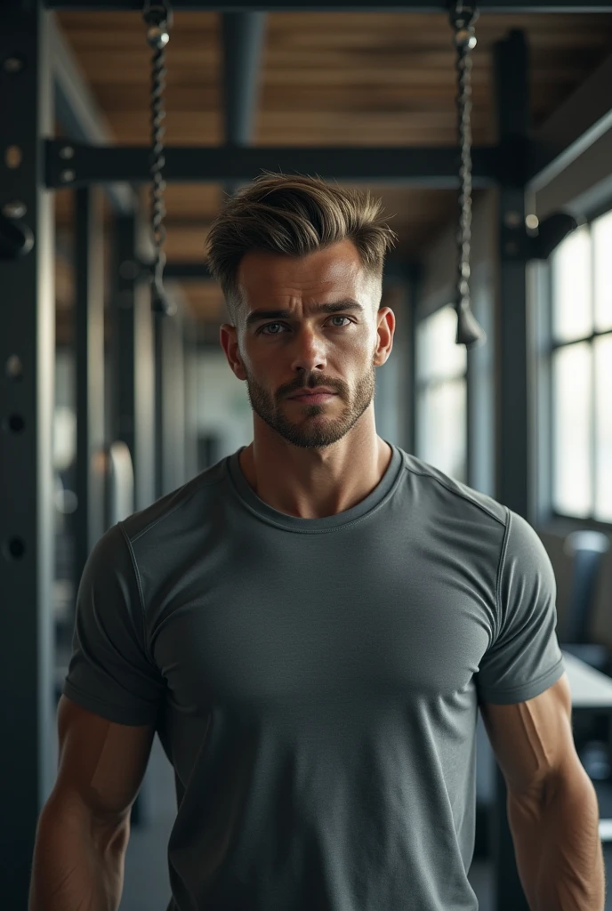 (photorealism:1.2), man in grey shirt, short hair on the side, Long hair, seeds, with a split in the middle and backwards, doing chest pulley exercise, with downward inclination, in gym, looking forward.