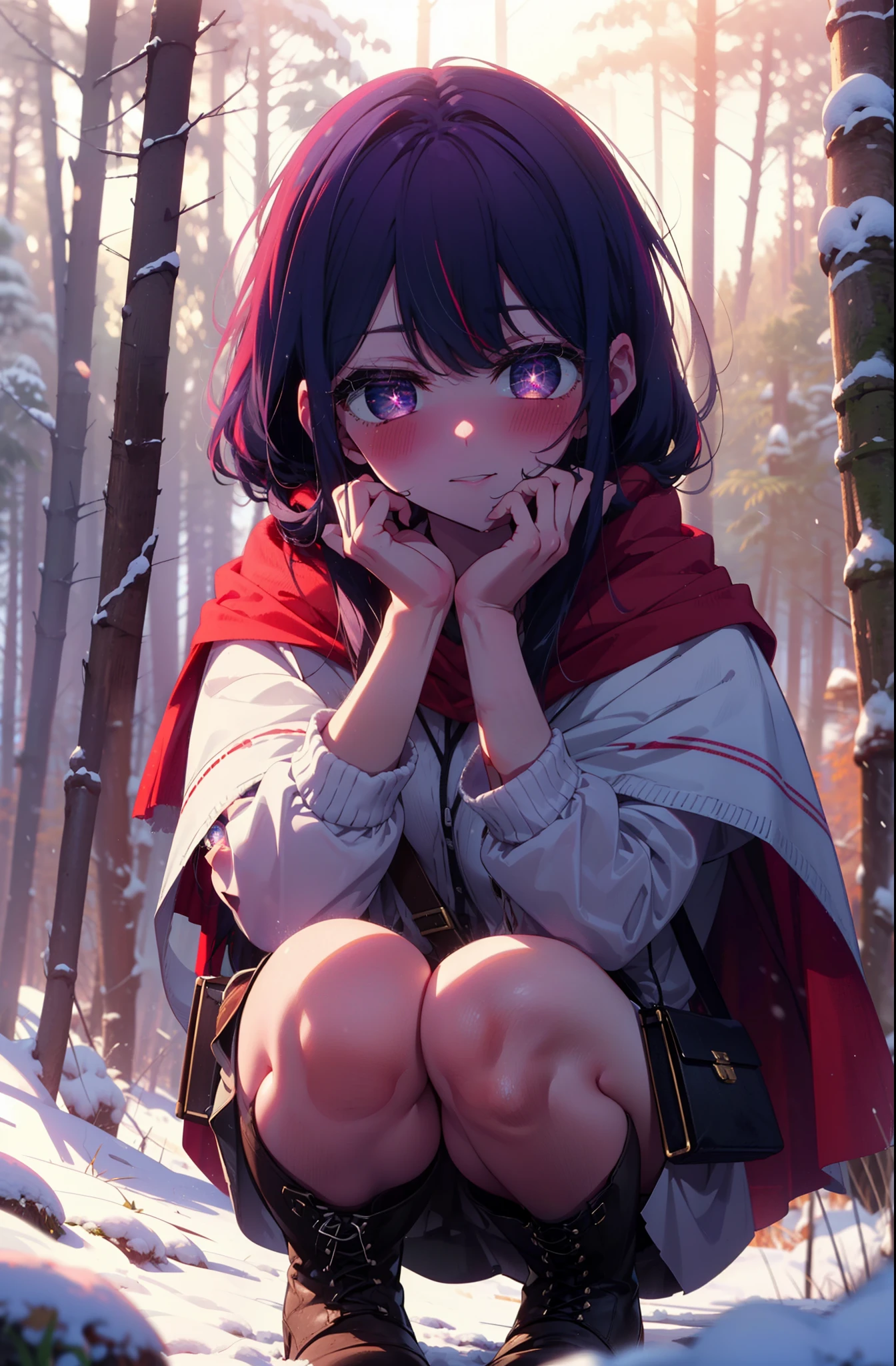 aihoshino, Ai Hoshino, Long Hair, bangs, (Purple eyes:1.1), Purple Hair, (Symbol-shaped pupil:1.5), smile,,smile,blush,white breath,
Open your mouth,snow,Ground bonfire, Outdoor, boots, snowing, From the side, wood, suitcase, Cape, Blurred, , forest, White handbag, nature, Squat, Mouth closed, Cape, winter, Written boundary depth, Black shoes, red Cape break looking at viewer, Upper Body, whole body, break Outdoor, forest, nature, break (masterpiece:1.2), Highest quality, High resolution, unity 8k wallpaper, (shape:0.8), (Beautiful and beautiful eyes:1.6), Highly detailed face, Perfect lighting, Highly detailed CG, (Perfect hands, Perfect Anatomy),