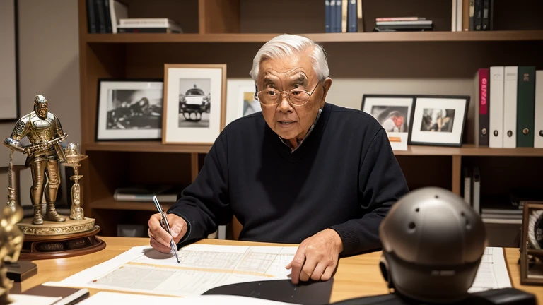 Illustration of an older Soichiro Honda in his office, reviewing plans and projects, with racing trophies and models of cars and motorcycles in the background.