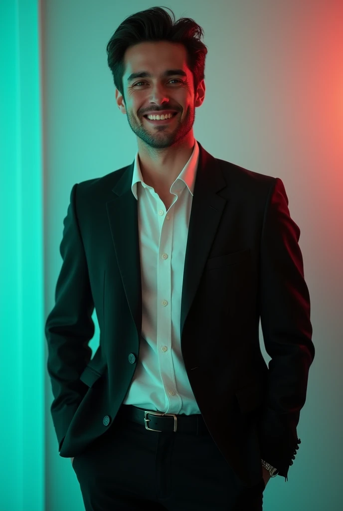 @🔥_𝐉 𝐢 𝐒 𝐚 𝐍_______🍻🚬:A young Man With Dark hair and a confident smile He is Dressed in a black blazer over a white shirt The man is positioned against aqua colour backdrop with a subtle red lighting on t