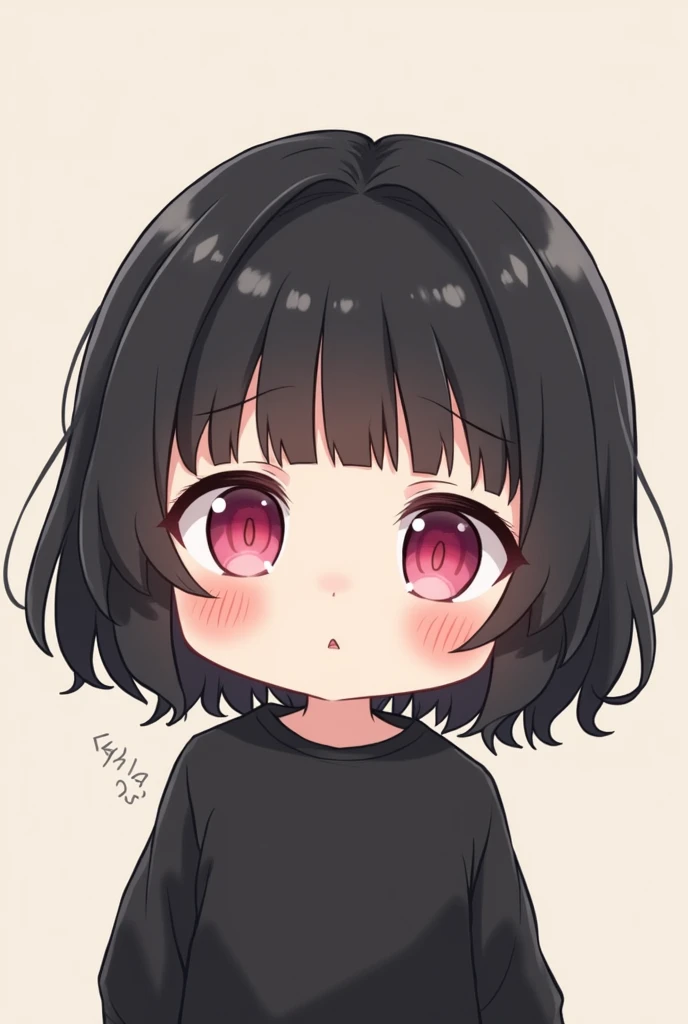 medium black hair girl with bangs, pink eyes and black sweatshirt, chibi style, confused