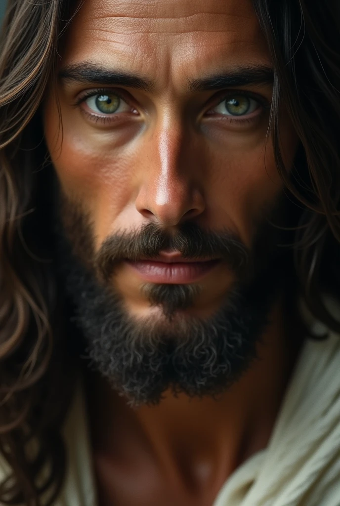 Jesus staring at you with beautiful light colored eyes