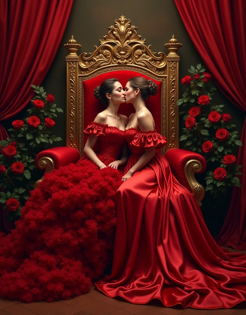 highest quality, masterpiece, highest resolution, artwork, super それにget used to it, many get used to it, get used to it, それにget used to it,love,romantic,two queens,two queen kissing each of their partners,((red satin elegant luxurious dresses)),red satin evening dresses,((Gorgeous queen rococo robe satin dress with voluminous extra-length hoop skirt)), ((extra long red dress skirt covers the floor of the throne room)),long sleeve dress,A dress with full silk fabric,luxury,((Palace full red satin throne room)),((huge satin throne)),Frilled silk red throne,many rose flowers around the throne,satin pillow with frills,((Two queens kissing each other sitting on the throne)),luxurious ruffled red curtains