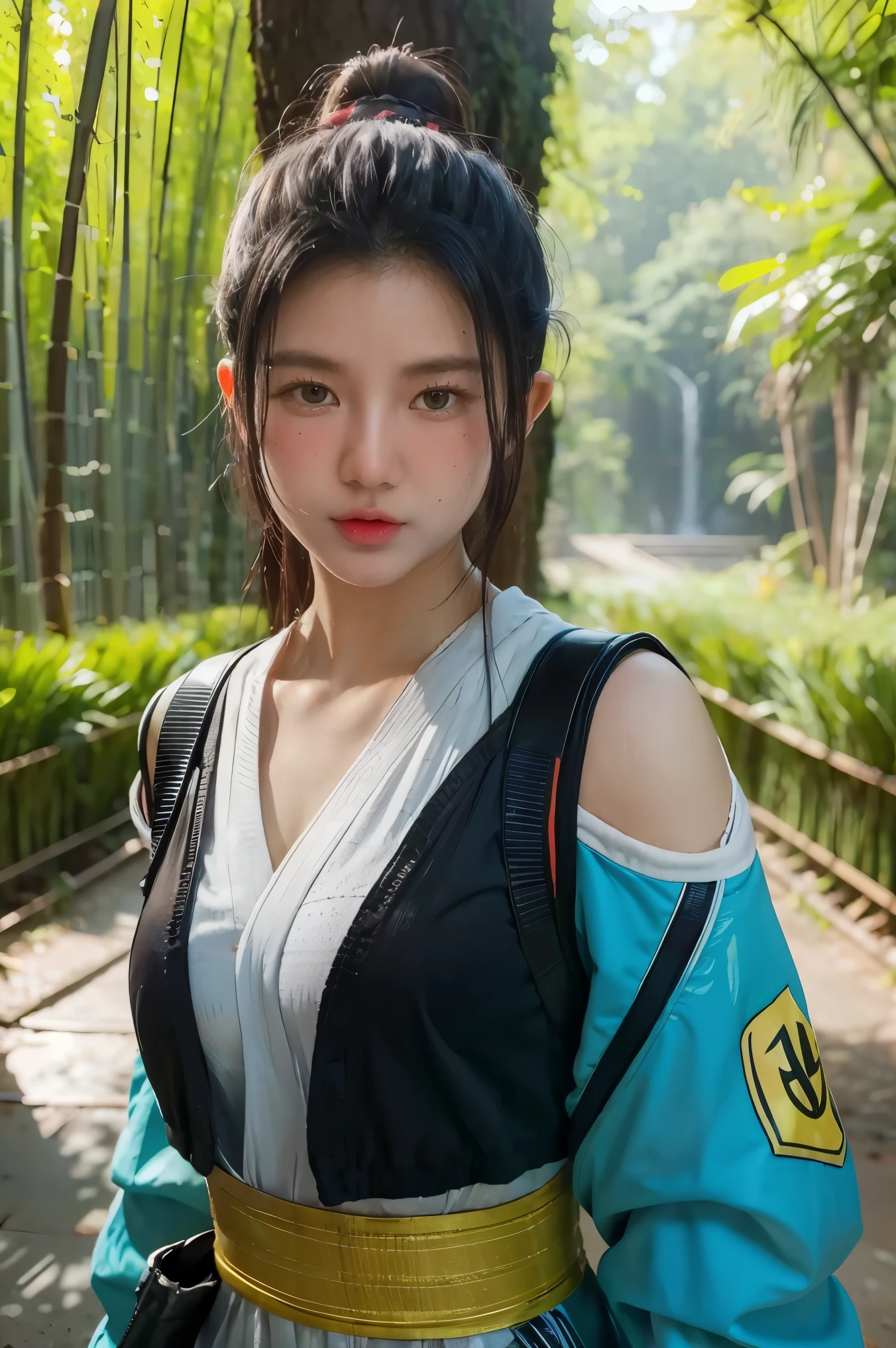 bamboo forest background，appearance of determination，Bright and colorful octane display, Cybernetic and highly detailed., Loba Andrade from apex legends, Built in unreal engine 5, Built in unreal engine 5, Trends on the engine that are not true 5, ancient portrait, Martial arts fantasy style 8k octane rendering, Displays results in an unrealistic format 5, Rendered with high octane