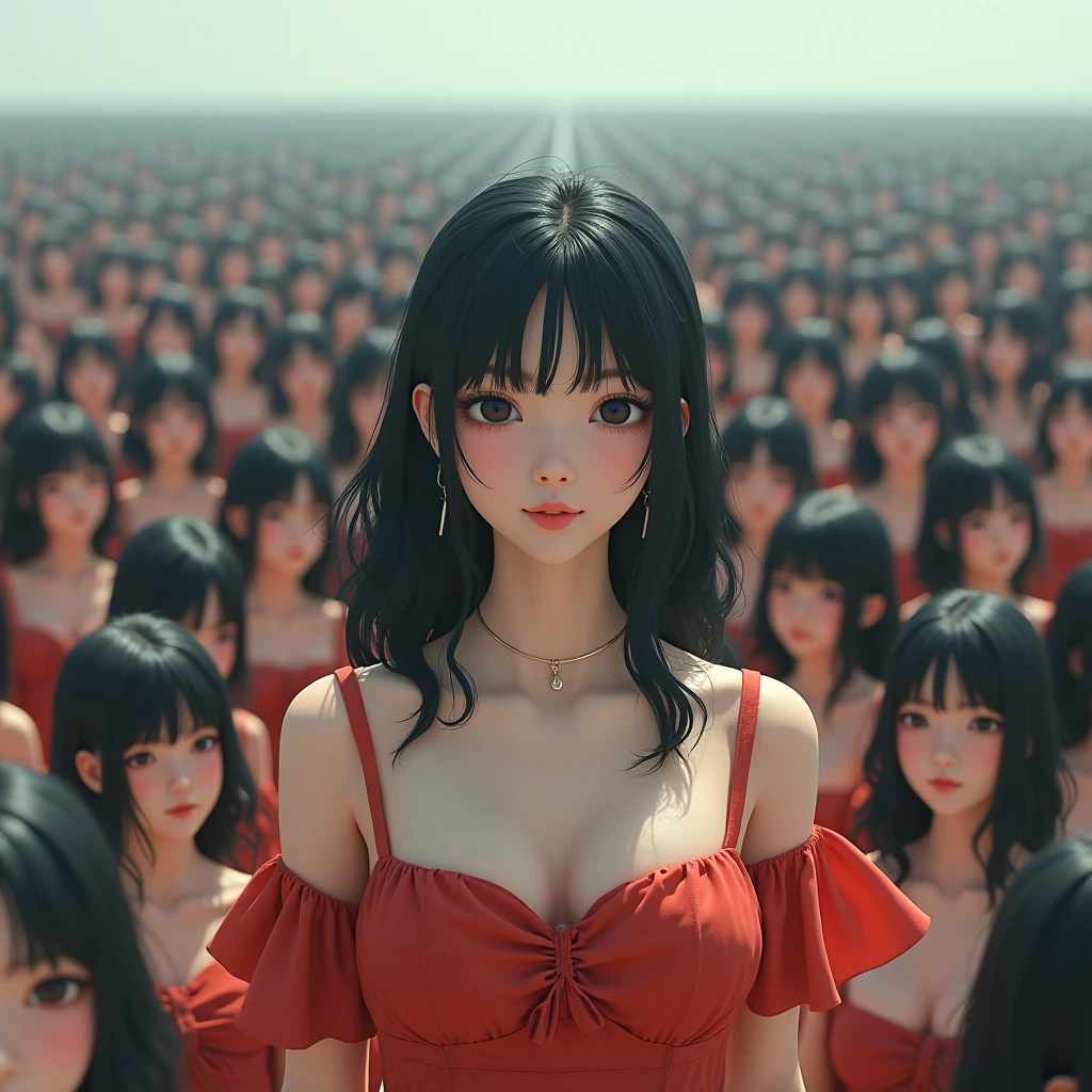 (((((Japanese Clone girls=Myself)))))), (((Best Super High quality Myself Clone girls Raw Photography Art))), (16K, Highest quality, Ultra-high resolution, RAW Photos), (((It's so unrealistic., With unparalleled depiction, With an unfathomable sight, An unprecedented and shocking worldview, Clone girls in a world of mass reproduction, Ultra-realistic))), (((Japanese, woman, 18yo, hashimoto-kanna))), (Small face, ((Thick black hair, Semi-long hair))), ((V-neck short-sleeve dress)), (((((Very detailed美しい女体, Accurate body structure, Very detailed完璧な, Super busty body with very large breasts, Clearly emphasizes cleavage))))), (((Dark Eyes, Mature face, Cute Smile, A gentle gaze))), (((Her happy and smiling expression is so cute))), ((((((((Very detailed分身増殖描写, ((1girl→Myself cloning→1,000,000,000,000,000,000,000,000,000,000,000,000,000,000,000,000,000,000,000,000Myself Clone girls)))))))))), ((((((((Very detailed, The precise depiction of the proliferation of Myself Clone girls, ((With the perfectly identical bodies of Myself clone girls, With the exact same face as the Myself clone girls, With the exact same hairstyle as the Myself clone girls, In the exact same clothes as the girls who are my clones, Perfectly the same height as the Myself clone girls, Super big breasts, just like the Myself clone girls)))))))))), (((Myself clone girls only))), (((Multiple pairs, Very detailed depiction, (Myself clone girls hug each other, Myself clone girls assemble, Fun conversations with fellow Myself clone girls, A fun conversation between Myself clone girls, Myself clone girls holding hands, Walking with lots of Myself clone girls)))), (((Everyone looks at the camera))), (((Unbelievably crowded, Transcendent Myself clone girls intimately, Countless Myself clone girls surround you in 360 degrees))), (Bright, soft sunlight), (((Very wide field of view, Very detailed, Detailed ultra-perspective depiction with clear depth, wide view))), (((((Landscape with a curved slope))))), (((Very photographic and detailed depiction, Myself clone girls will multiply infinitely and fill the surroundings from one side to the horizon with their bodies tightly packed together without any gaps., A scene of endless Myself clone girls and a fun atmosphere))), (Focus on the average value of the image)