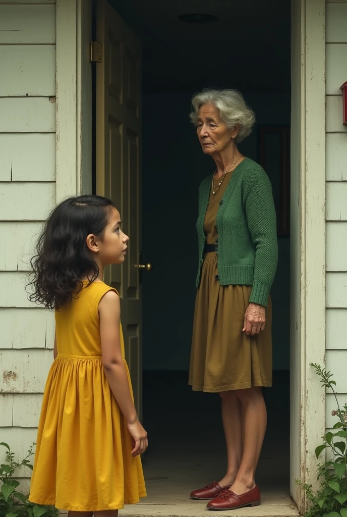 A girl wearing yellow sleeveless frock standing outside a house being ignored by a lady wearing green knitted cardigan standing inside the house with little opened door