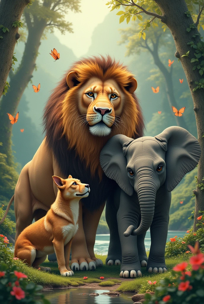 One dog one lion and elefant 