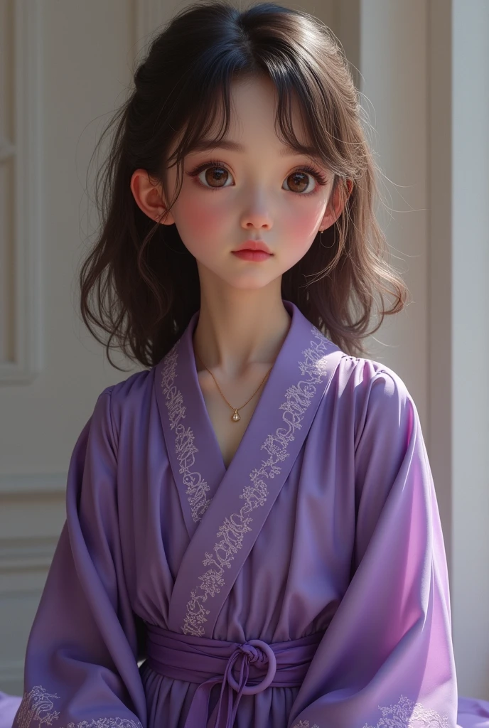 Young girl with medium-long brown hair and brown eyes, with elegant purple clothes