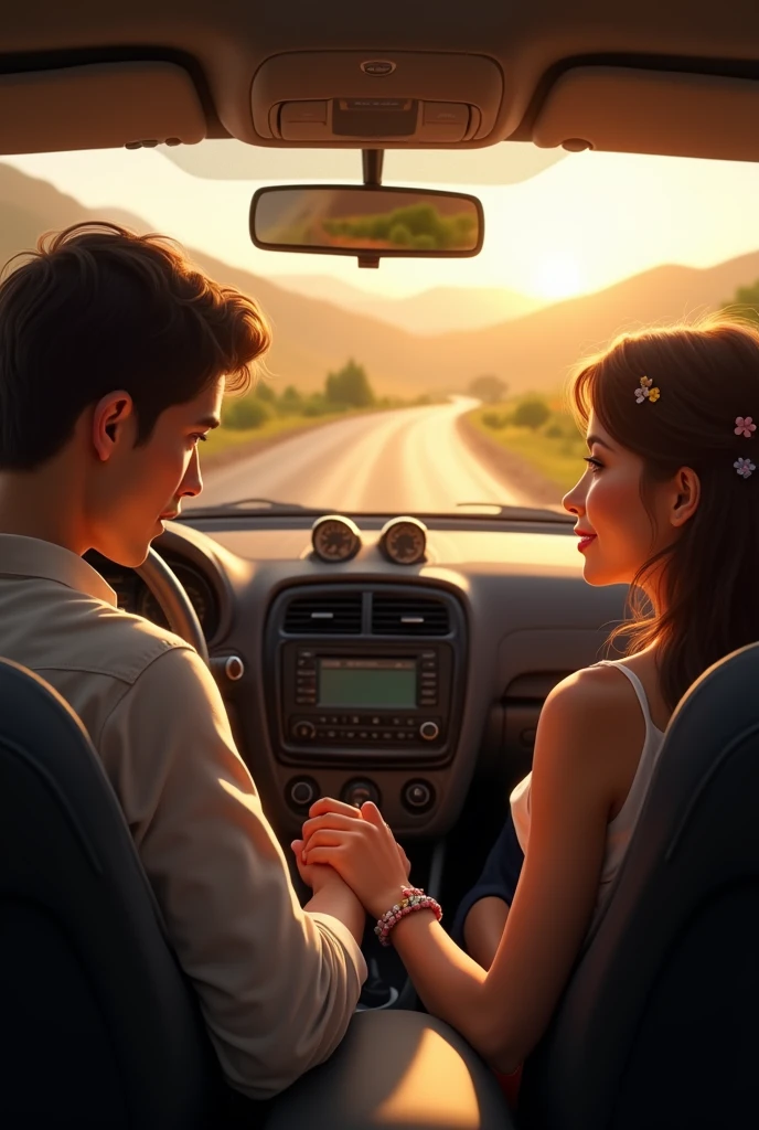 make a picture of a couple in the car, with front windshield view, the man driving at the wheel and the woman on the passenger side