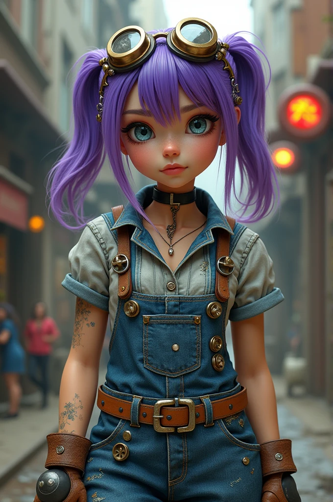 A  with purple hair tied in pigtails , She wears a worn denim jumpsuit with several buttons. She wears brown gloves and steampunk-style goggles on top of her head.